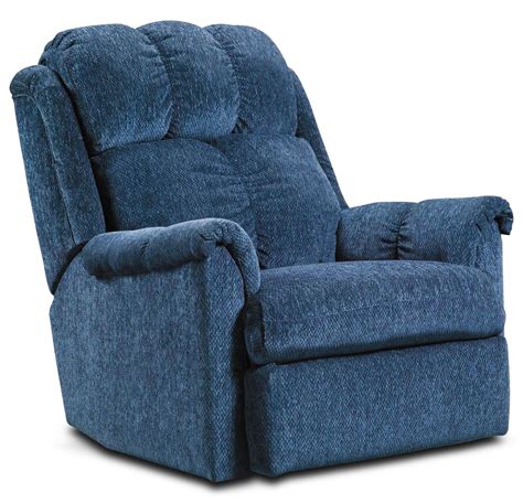 navy blue chenille swivel recliner.